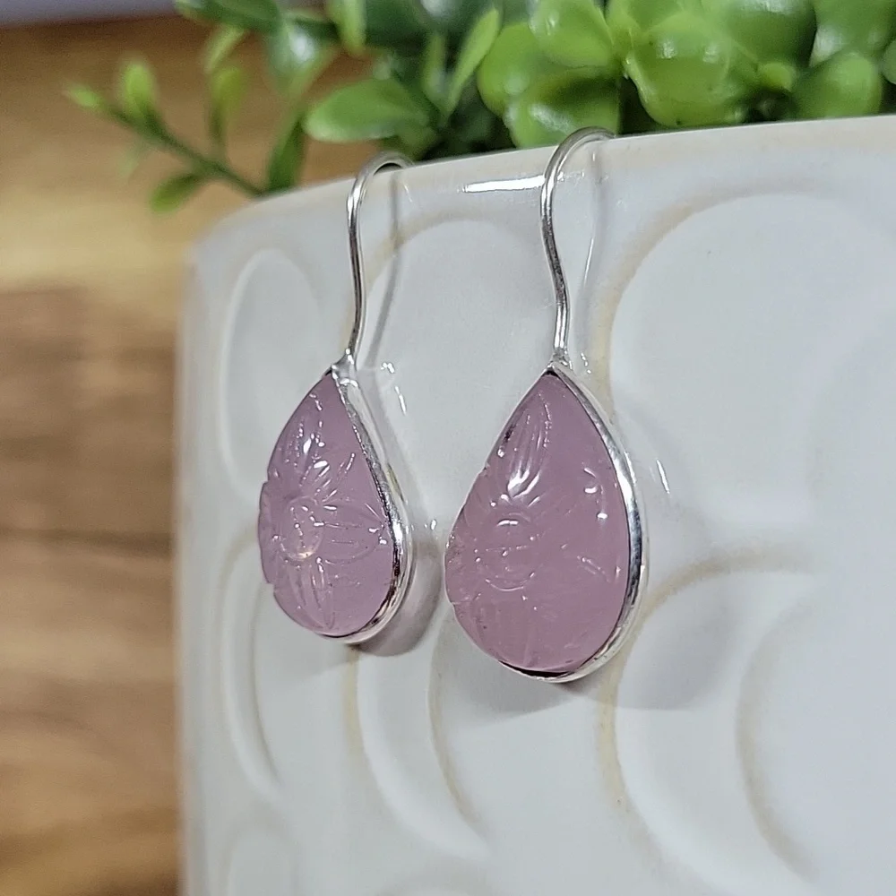 Floral Etched Glass Drop Earrings, lilac - Picture 4 of 7